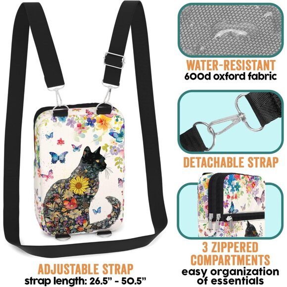 Waterproof Cat Lover Crossbody Phone Bag Small Canvas Zipper Fashion Gift - Picture 3 of 7